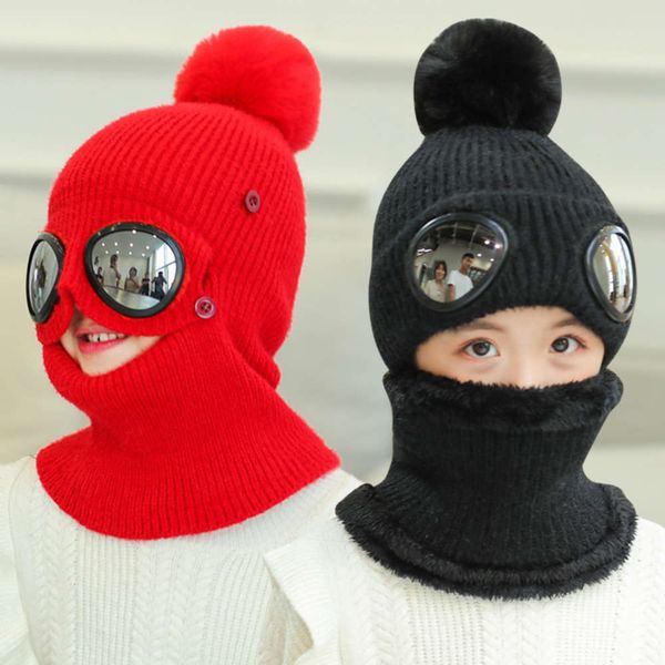 

boys plush thickened knitted winter outdoor bib integrated and girls' cold proof wool hat children's condom, Red;brown