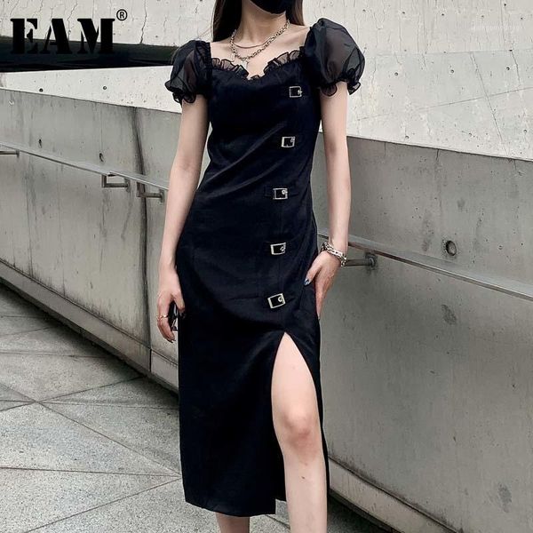 

eam] women black ruffles split vent dress new square collar short puff sleeve loose fit fashion tide spring summer 2020 1w3741, Black;gray