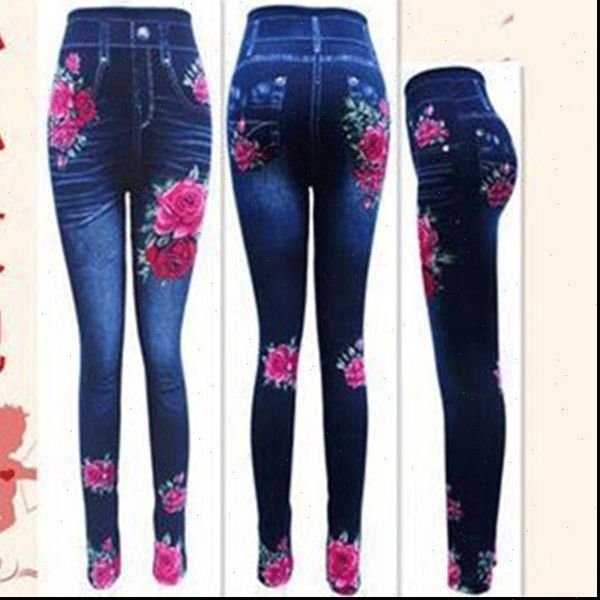 

plus size sfit womens high waist rose print imitation denim fake jeans slim fit leggings skinny casual leggings 8 styles, Black