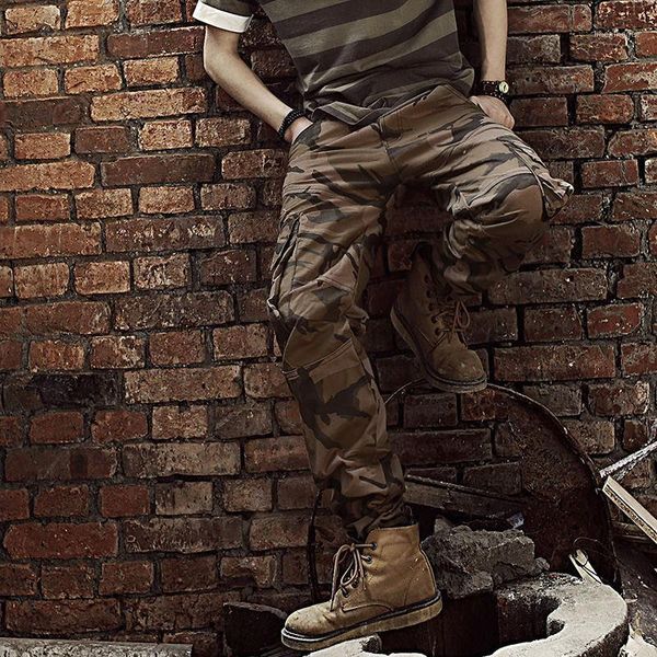 

men's pants tide casual men loose multi pocket long length camouflage printed cargo trousers overalls1, Black