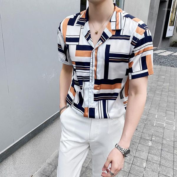 

2020 new style fashion men's in summer casual with short sleeves shirts/male slim fit lapel printing shirts s-2xl1, White;black