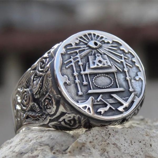 

cluster rings eyhimd mens 316l stainless steel ason ring masonic symbol for men male asonry knights templar jewelry gifts, Golden;silver