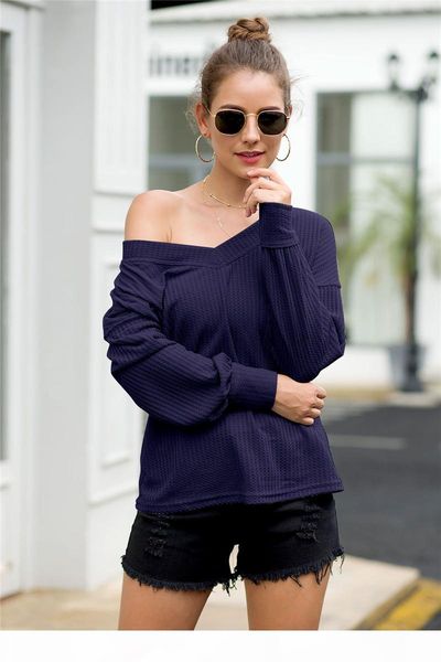 

v neck long sleeve t shirts off shoulder loose t shirt solid color autumn women clothes black pink blue drop ship 220221, White