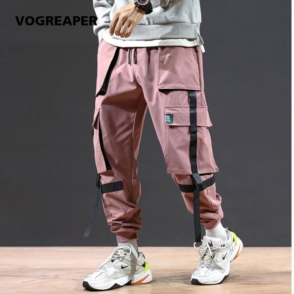 

autumn fashion mens harem pants streetwear hip hop khaki pink black joggers male korean fashion ribbons track trousers 201109
