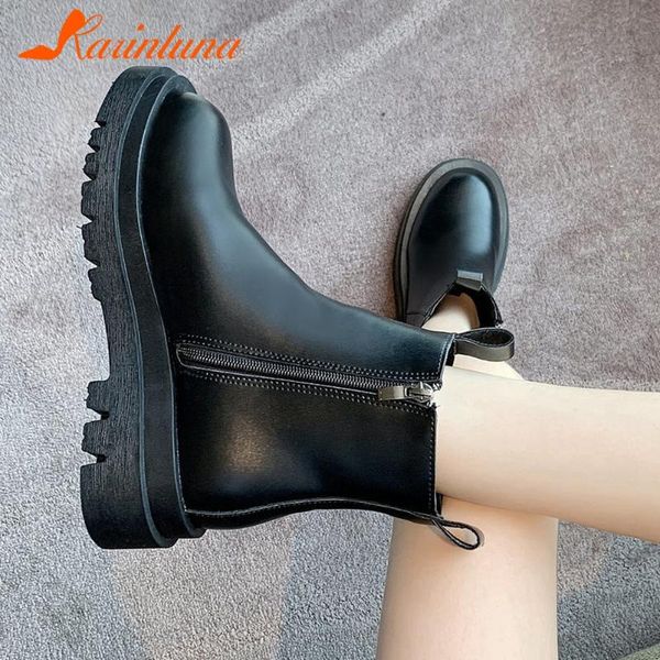 

karin shoes woman fashion brand new round toe platform square thick heels zip ankle autumn boots, Black