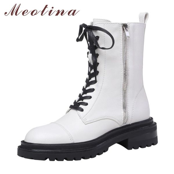 

boots meotina women ankle shoes real leather platform mid heel short block heeks zip lace up motorcycle black 34-40