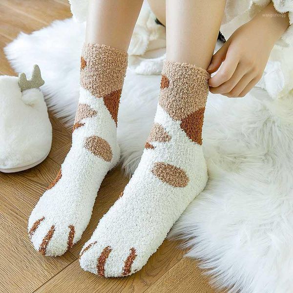 

new plush coral wool socks female harajuku kawaii socks autumn and winter cat cute thick warm sleeping floor home1, Black;white