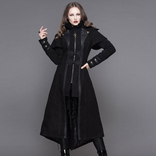 

women's wool & blends devil fashion women punk gothic fake two piece long coat winter casual street vintage trench, Black