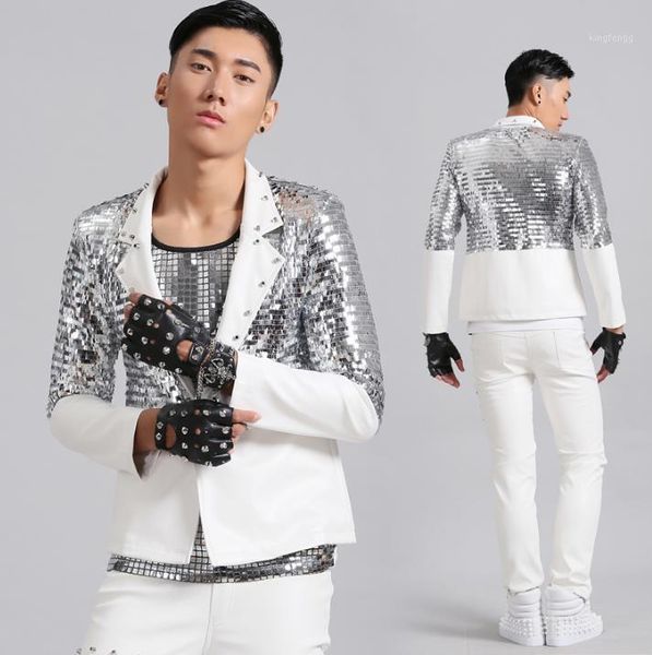 

rock punk silver sequins blazer men latest coat designs suit men costume homme terno white rivets suits for men's jackets singer1, White;black