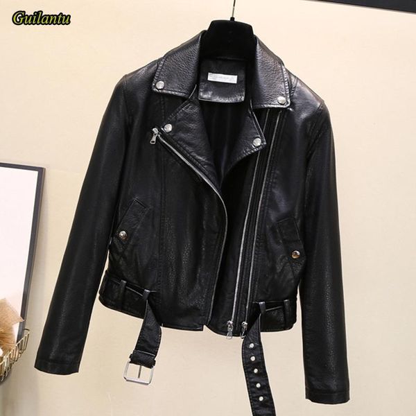 

guilantu 2020 faux pu ladies leather jacket spring autumn motorcycle biker coat women turn-down collar zipper streetwear jackets1, Black