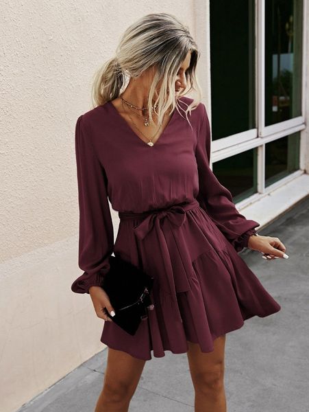 

v neck lantern sleeve belted dress f5v6#, Black;gray