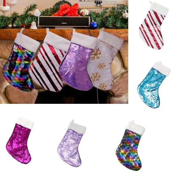 

christmas decoration reversible sequin stocking pendant hang accessories candy gifts bag party supplies dhl ship hh9-2337
