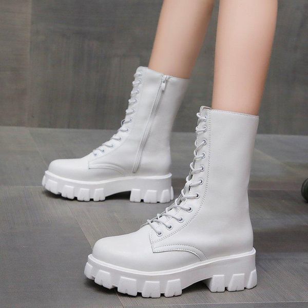 

2020 new mid calf boots women autumn winter fashion shoes lace-up zipper botas mujer boots sports platform heel ladies shoes, Black