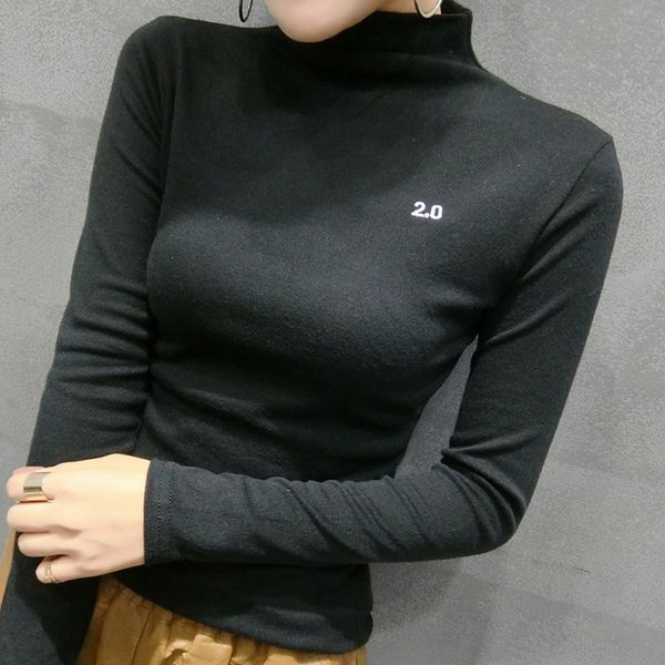 

black half high collar bottomed for women's autumn and winter wear long sleeve t-shirt tight with coat t-shirt brushed cotton luuzy, White