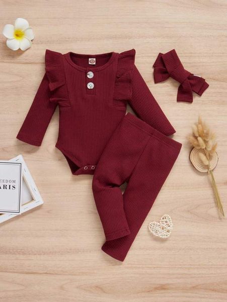 

baby girl ruffle trim bodysuit & leggings & headband she, White