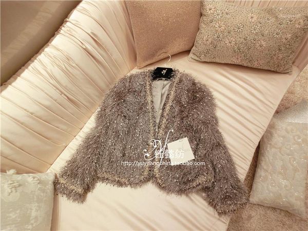 

autumn new design fashion women v-neck long sleeve elegant fau fur wool tassel fringe lurex warm short coat jacket casacos xssml1, Black;brown