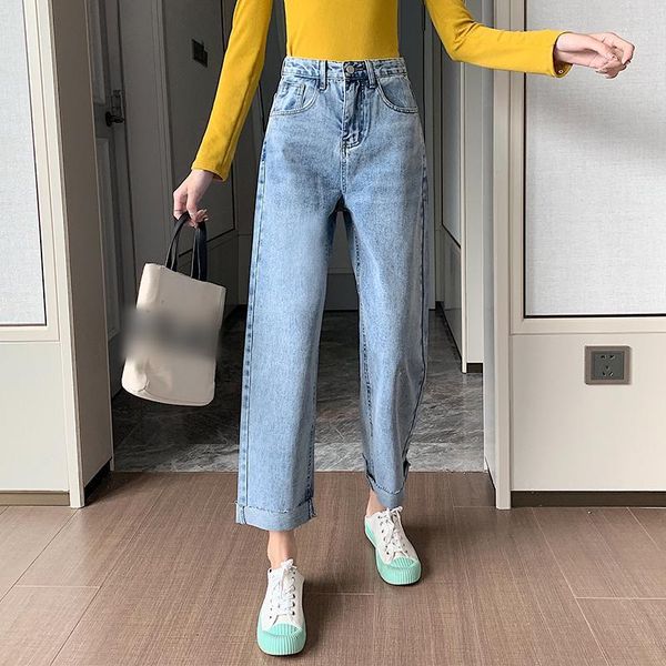 

high waist jeans female spring 2020 new korean version of loose hong kong flavor retro was thin nine points wide leg pants1, Blue