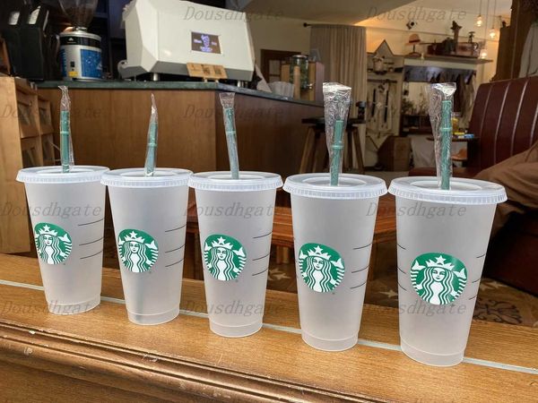 

starbucks mugs 24oz 16oz plastic tumbler reusable clear drinking flat bottom cups pillar shape lid straw cup bardian free