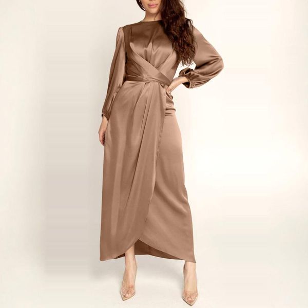 

elegant dresses women's solid color o-neck long sleeve satin soft waist and ankle dress vestido de mujer kobieta sukienka @40, Black;gray