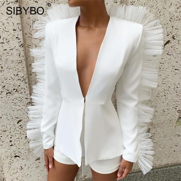 

sibybo deep v-neck mesh spliced women blazer and shorts set long sleeve autumn two piece set women black casual1, White