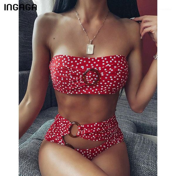 

ingaga bandeau bikinis high waist swimsuits cut out swimwear women dot printing biquini 2020 strapless bikini set bathing suits1, White;black