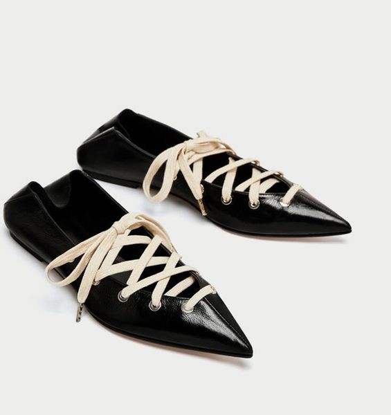

new fashion black leather women pointy toe lace up flats slingback ladies ballet style flats spring dress shoes size 41
