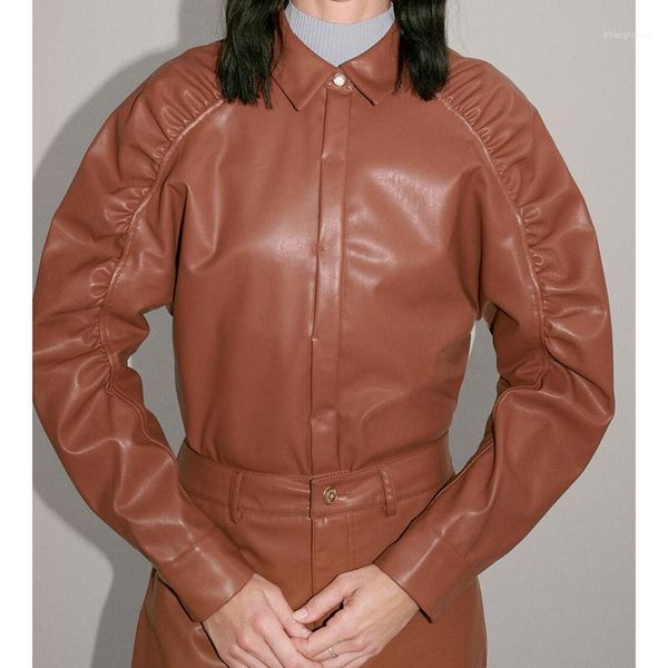 

hadara turn down collar blouses women fashion brown fold pu leather shirts women elegant slim long sleeve female ladies jl1, White