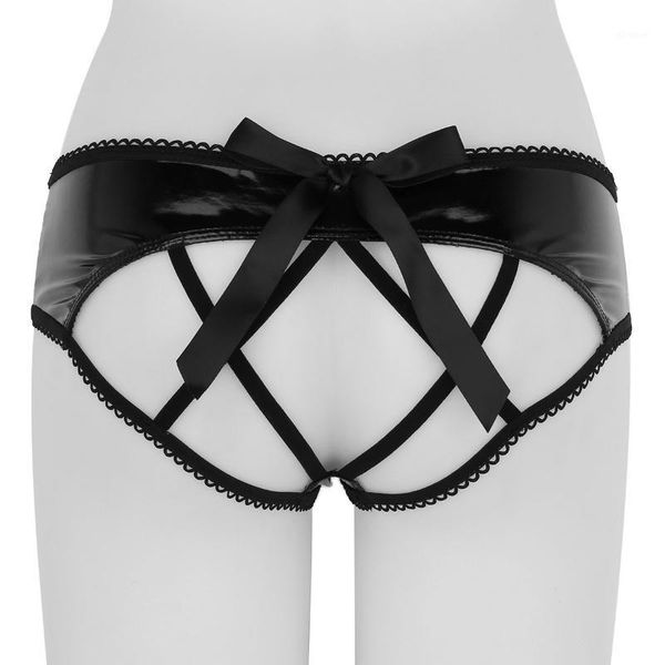 

women panties hollow out cage-back hipster panty lingerie wet look faux leather bowknot open bucrotchless underwear1, Black;pink