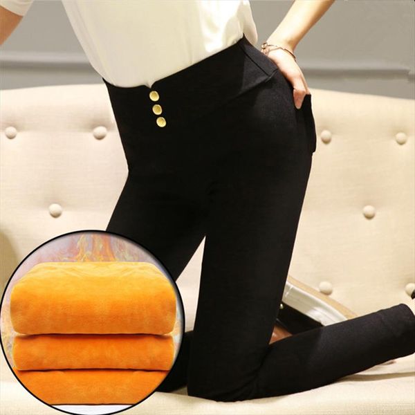 

warm women leggings solid with pocket zipper winter thick leggings ankle length pants push up leggis feminino plus size, Black