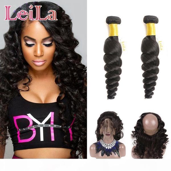 

peruvian 2 bundles one 360 lace frontal virgin hair pre plucked 3 pieces human hair loose wave natural color, Black;brown