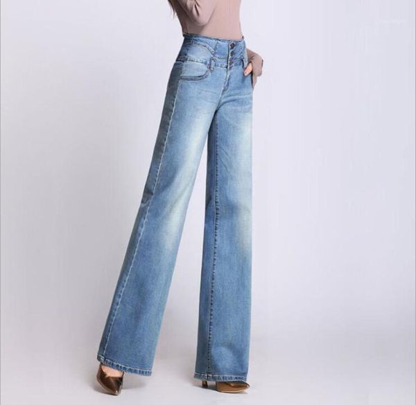 

new high waist wide leg pants jeans large size buckle fashion retro commute ladies trousers plus size blue black inman women1