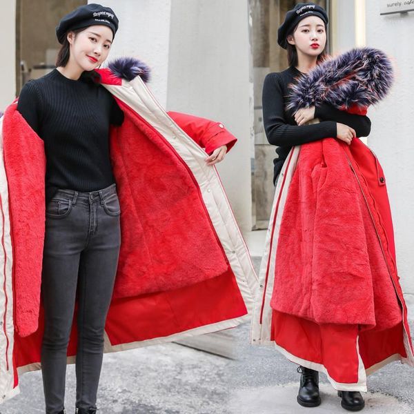 

2019cotton liner winter warm coat jacket women plus size long coat female big colorful fur hooded parka mujer overcoat h0161, Black
