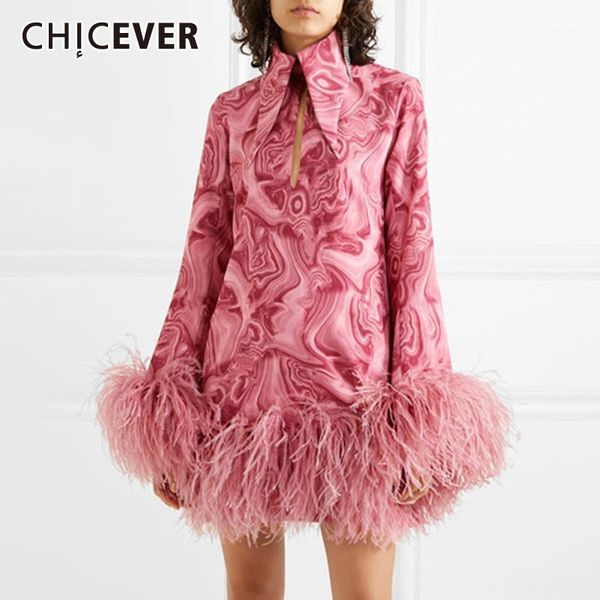 

chicever pink dress for women lapel long sleeve print hit color patchwork feathers designer mini dresses female 2020 new clothes1, Black;gray