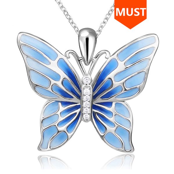 

sterling silver 925 lovely butterfly chain pendant&necklace with blue enamel diy fashion jewelry making for women gifts q0531