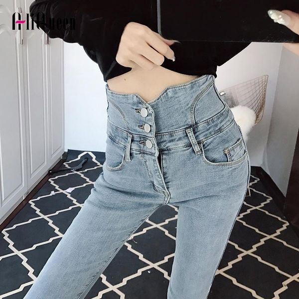 

vintage high waist strentch button pencil jeans pants femme long denim pant women slim distressed trousers streetwear, Blue