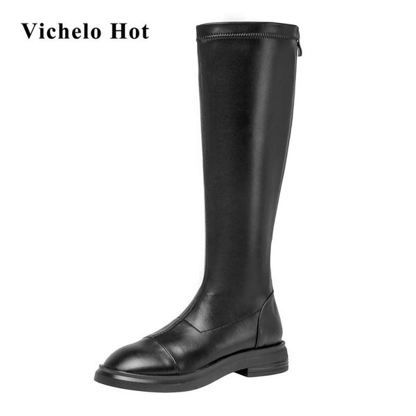 

vichelo new natural leather round toe med heel concise style three colors winter keep warm gentlewomen knee-high boots l57, Black