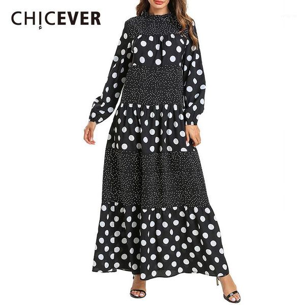 

chicever patchwork dot hit color dress women stand collar lantern long sleeve plus size loose casual maxi dresses 2020 summer1, Black;gray