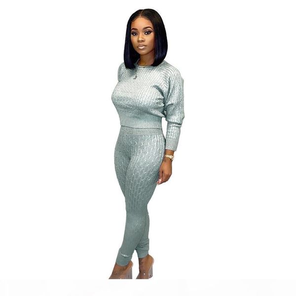 

women wardrobe fashion 2 piece knitted sweater solid color crew neck long sleeve pullover high waist skinny pants set, White