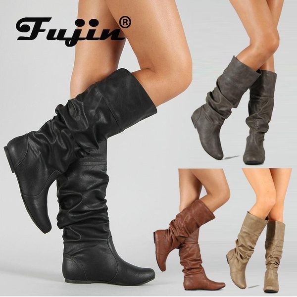 

fujin women boots winter square heels dropshipping pleated low heel flat bottom plush round toe slip on fashion mid calf boots, Black