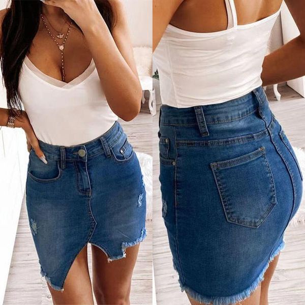 

womens summer plain high waist ripped pockets zipper irregular casual slim ladies denim short pencil skirts, Black
