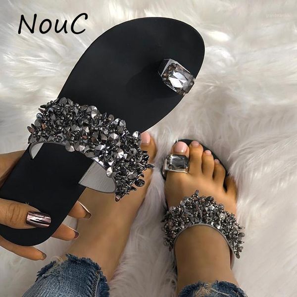 

slippers nouc shining crystal women shoes summer sandals beach flat fashion slipper outside slides zapatos de mujer ladies shoes1, Black