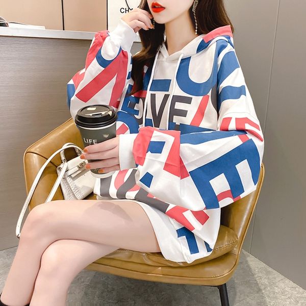 

gqgda 2020 осень корейского top свитер с капюшоном женщин до печати рукава свитера для длины шнурка средней больших рыхлых писем длинного ун, Black