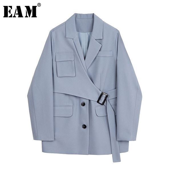 

[eam] women blue irregular split jointblazer new lapel long sleeve loose fit jacket fashion tide spring autumn 1y836 201201, White;black