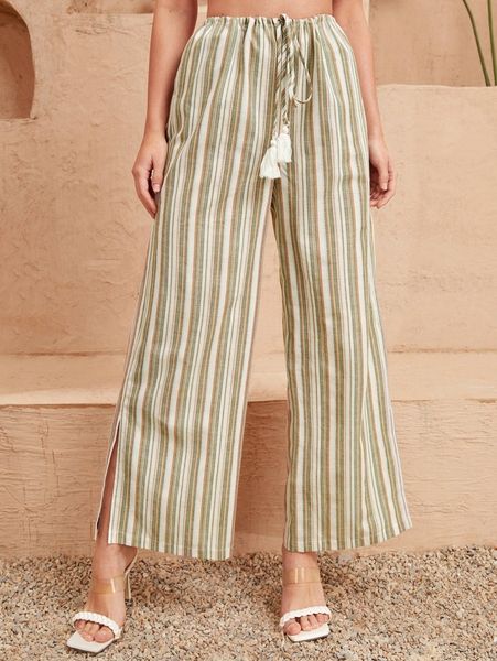 

striped print tassel knot waist split hem palazzo pants 88io#, Black;white