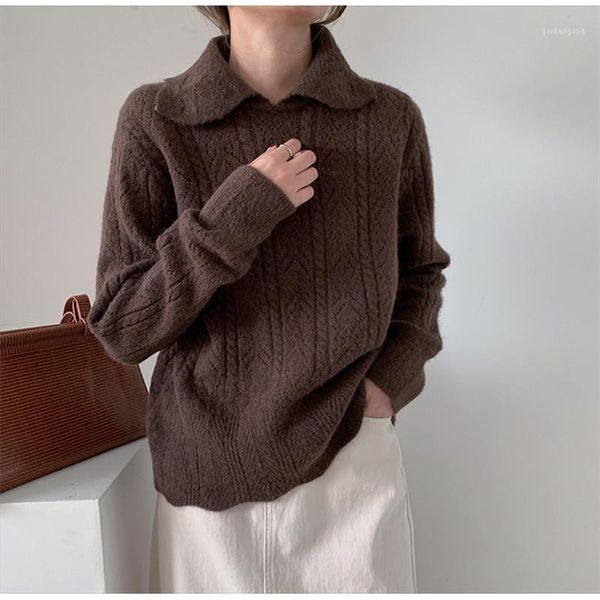 

2020 autumn new women knitted sweaters female pullover solid twist turndown collar elegant office lady casual all match1, White;black