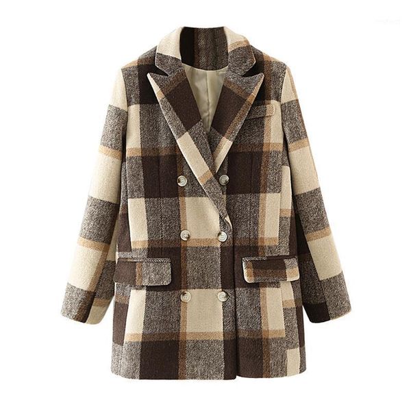 

fashion retro woolen plaid suit ladies work temperament jacket loose lapel double row button blazer women1, White;black