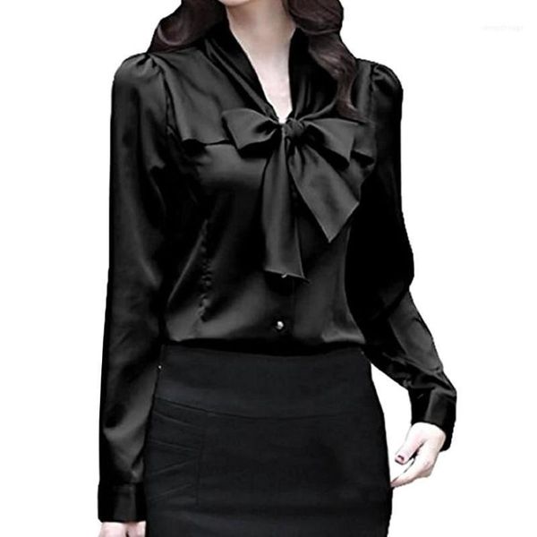 

2018 new satin shirt women long sleeve bow collar silk solid blouses women work wear uniform office lady shirt simple body 11, White