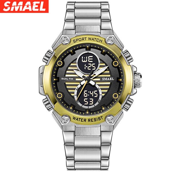 

smael smier new watch leisure fashion quartz watch steel band alloy double display watch, Slivery;brown