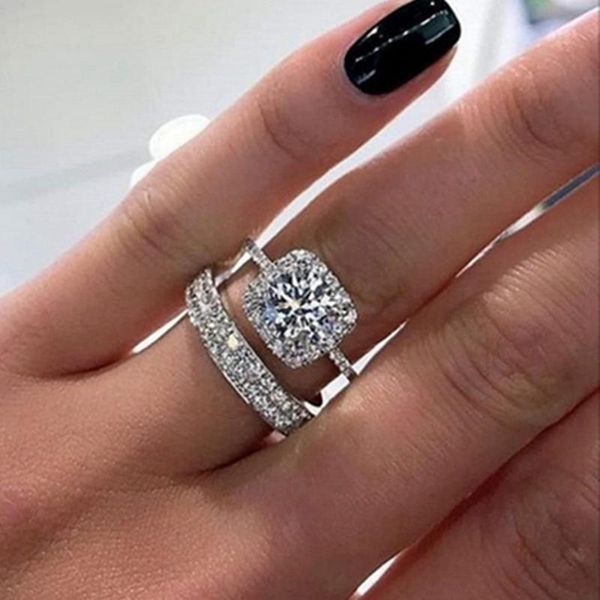 

2pcs/set women crystal white ring set luxury shining square cz zircon silver plated engagement ring party wedding, Slivery;golden