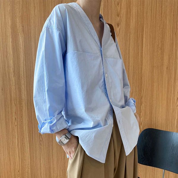 

autumn fall 2021 korean-style new simple long sleeve shirts elegant women v-neck large pockets design loose solid blouse, White